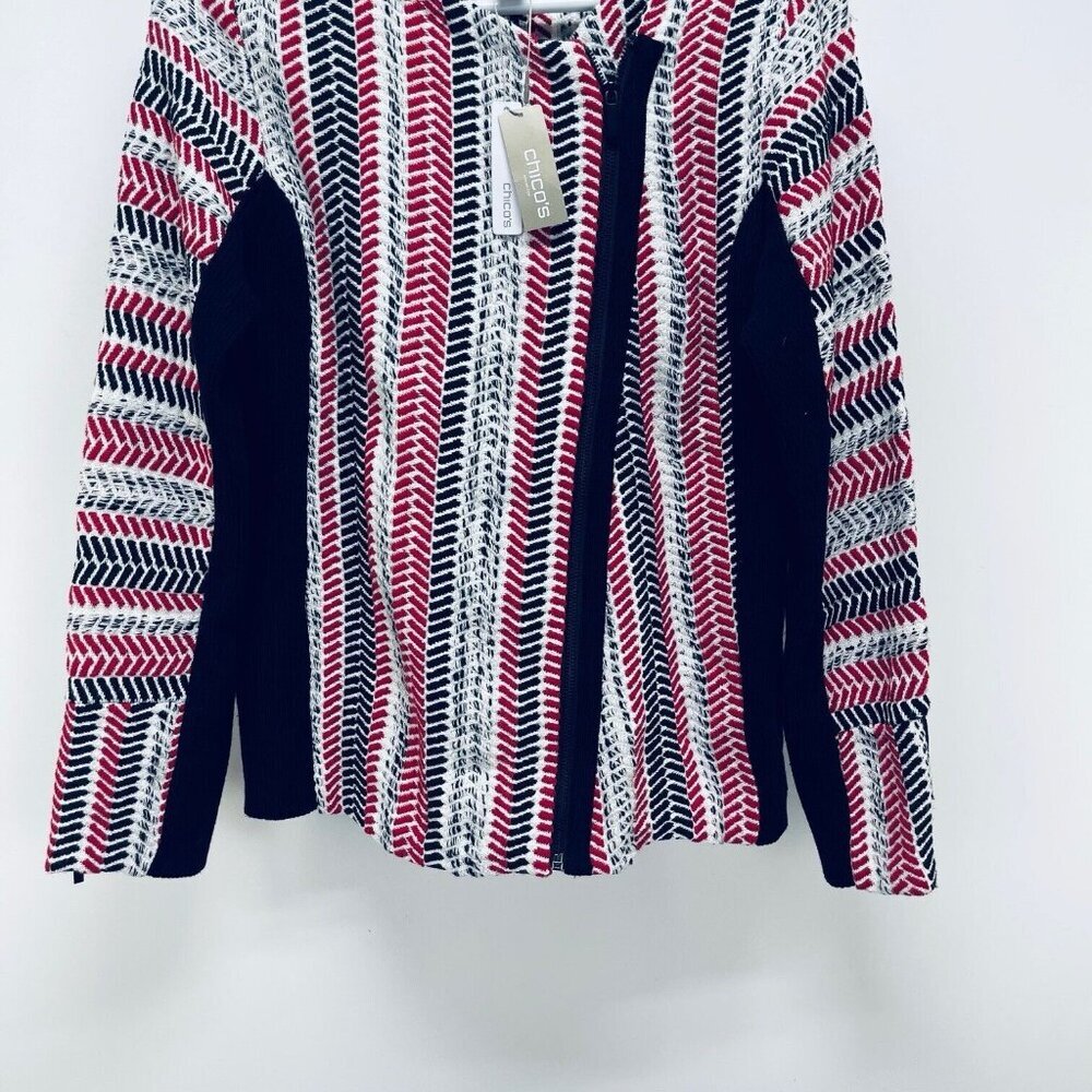 Chico’s Sweater Moto Jacket Size 1 Women’s Red White Black Pullover New - Picture 9 of 16
